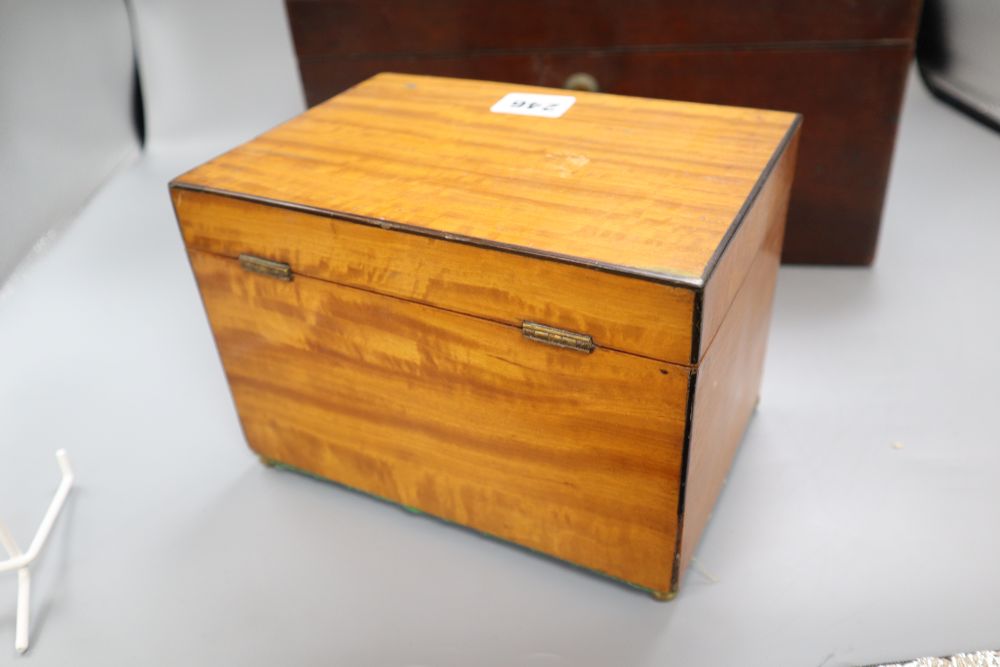 A 19th century brass inlaid mahogany stationery with Bramah lock, together with a satinwood box, longest 35.cm